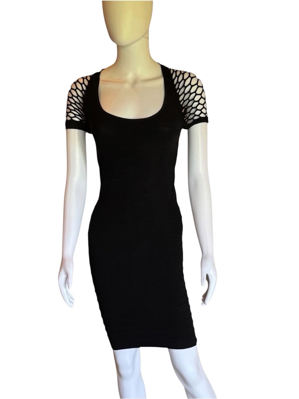 Women’s Black Short-Sleeve Bodycon Mini Dress with Mesh Sleeve Detail